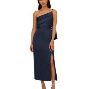 ADRIANNA PAPELL SATIN CREPE ONE SHOULDER DRESS Elegant Navy One-Shoulder Dress